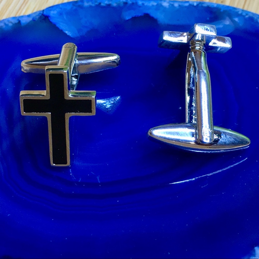 Silver And Black Enamel Religious Cross Cufflinks